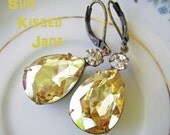 Colorado Topaz and clear Estate Style Earrings, antique brass, rhinestone teardrops, vintage inspired, bridesmaids jewelry - Sun Kissed Jane