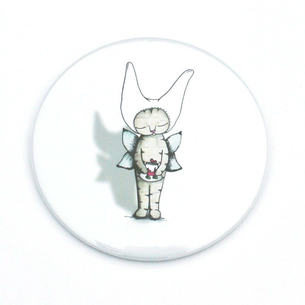 Cat pocket mirror - round hand compact mirror - 76mm - 3 inches - large - handbag size - tooth fairy