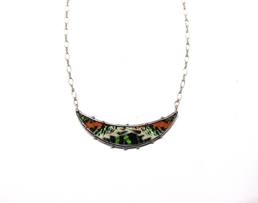 Crescent Moon Pendant with Real Sunset Moth Wings - Statement Necklace