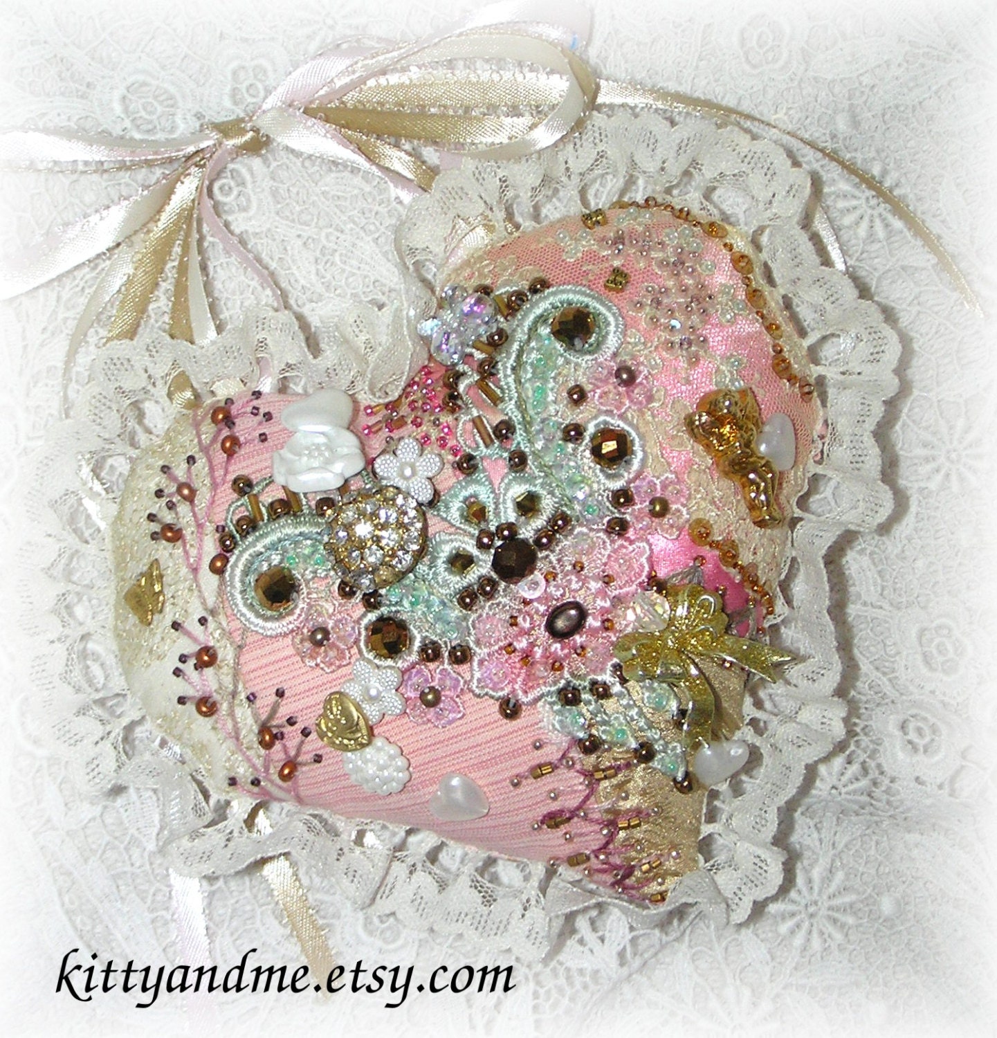Victorian Valentine Heart Crazy Quilt Embroidered Hanging Pink Heart Pillow