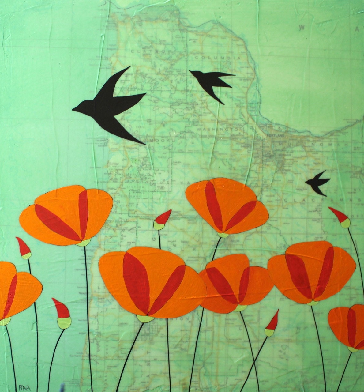 Oregon - Original Map Painting 16 x 20 - Bird and Poppy Art