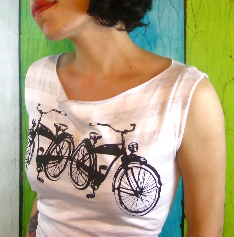 Bike Tunic Dress T-Shirt - Petal Power - Gray Striped Shirt Screen Print Womens Clothing