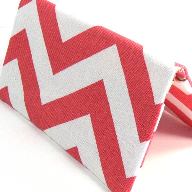Checkbook Cover Case Wallet - Coral & White Chevron