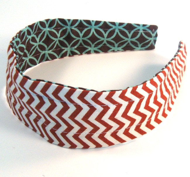 Reversible Fabric Hard Headband in Rust Chevron and Blue & Brown Geometric