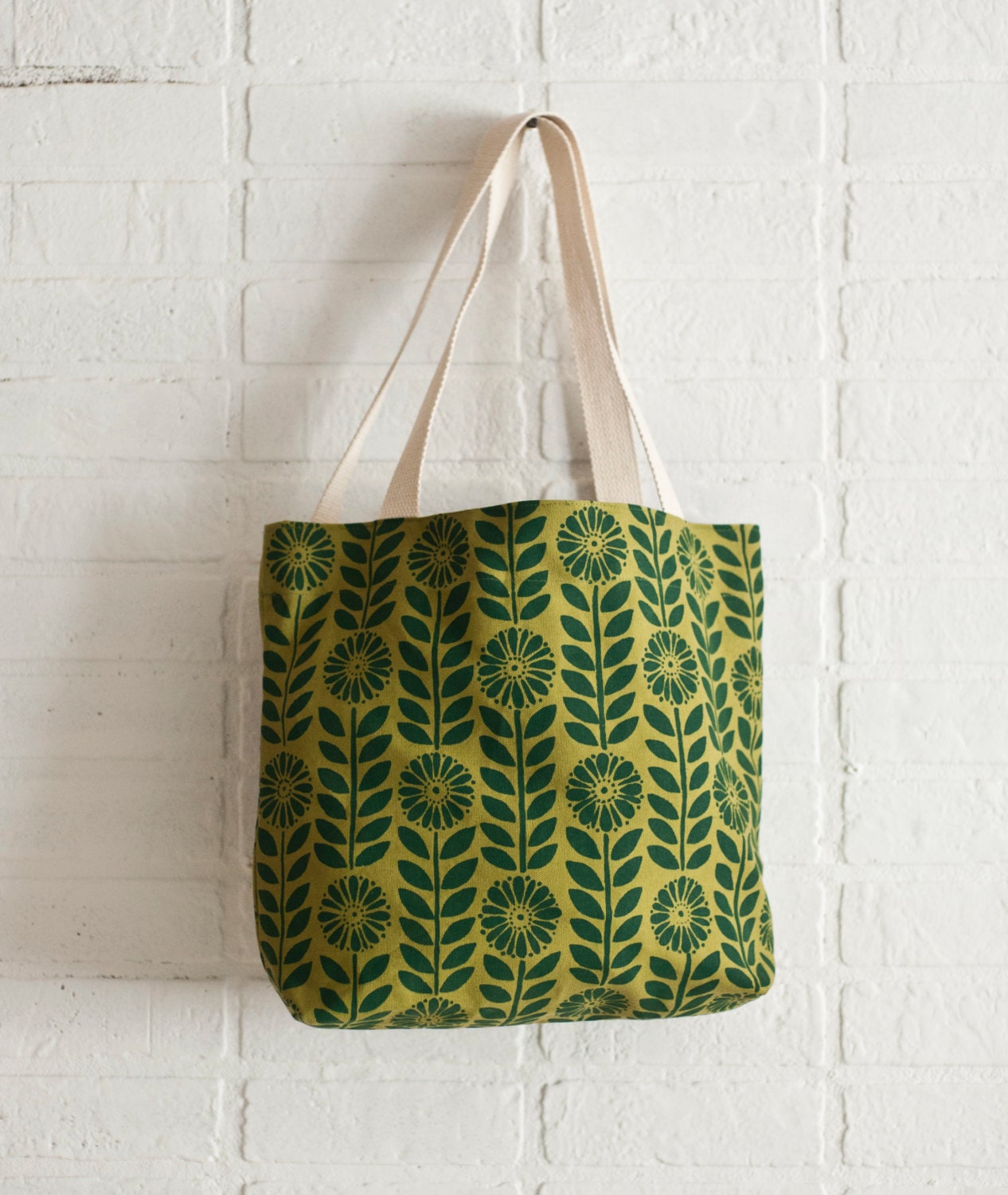 Big Flowers hand-printed green cotton canvas tote bag