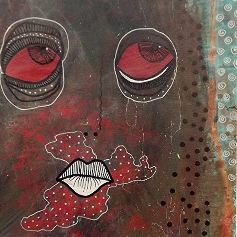 Funky Art Outsider Folk Painting Surreal Hipster Brown Abstract Face Big Red Eyes Artwork