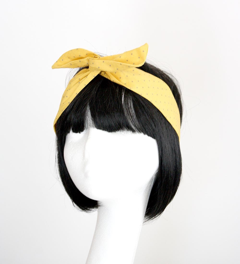 Buh-Bye Gotta Go Clearance Dolly Bow, Wire Headband // Goldenrod Yellow with Gray Polka Dots