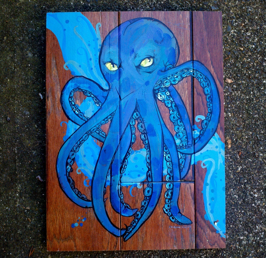 Violet Octopus original painting - on hardwood - The better to hold you with
