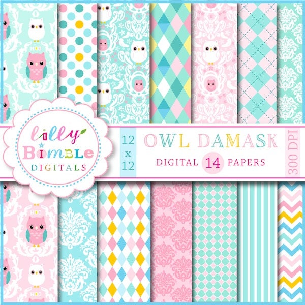 NEW Owl Damask digital papers scrapbooking cards Instant Download Il_570xn