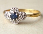 Art Deco Sapphire & Diamond Engagement Ring, Antique Geometric Flower 18k Gold Ring, Approximate Size US 7