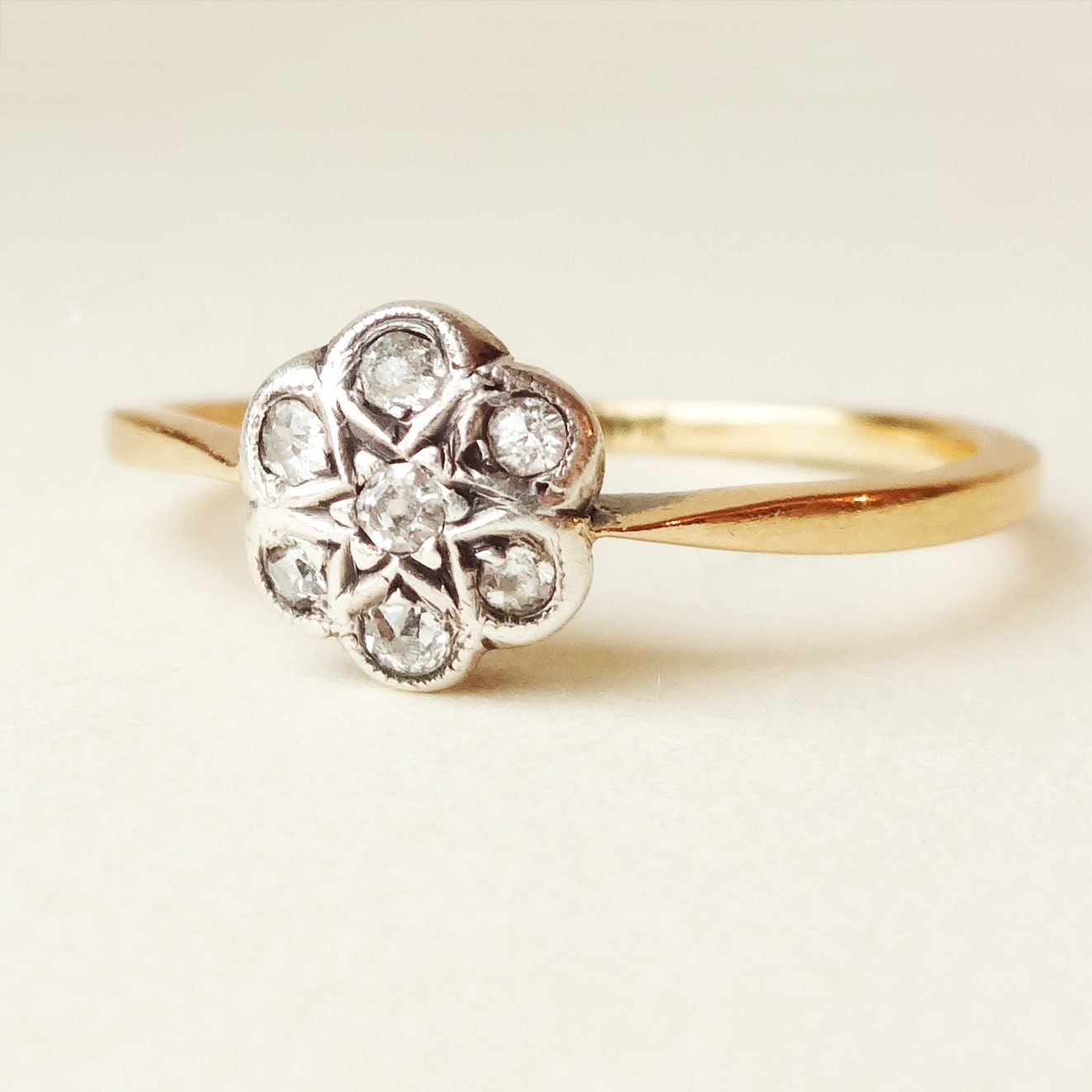 Victorian Diamond Flower Ring, Antique 18k Gold Diamond Daisy Engagement Ring Approximate Size US  8.5 / 8.75