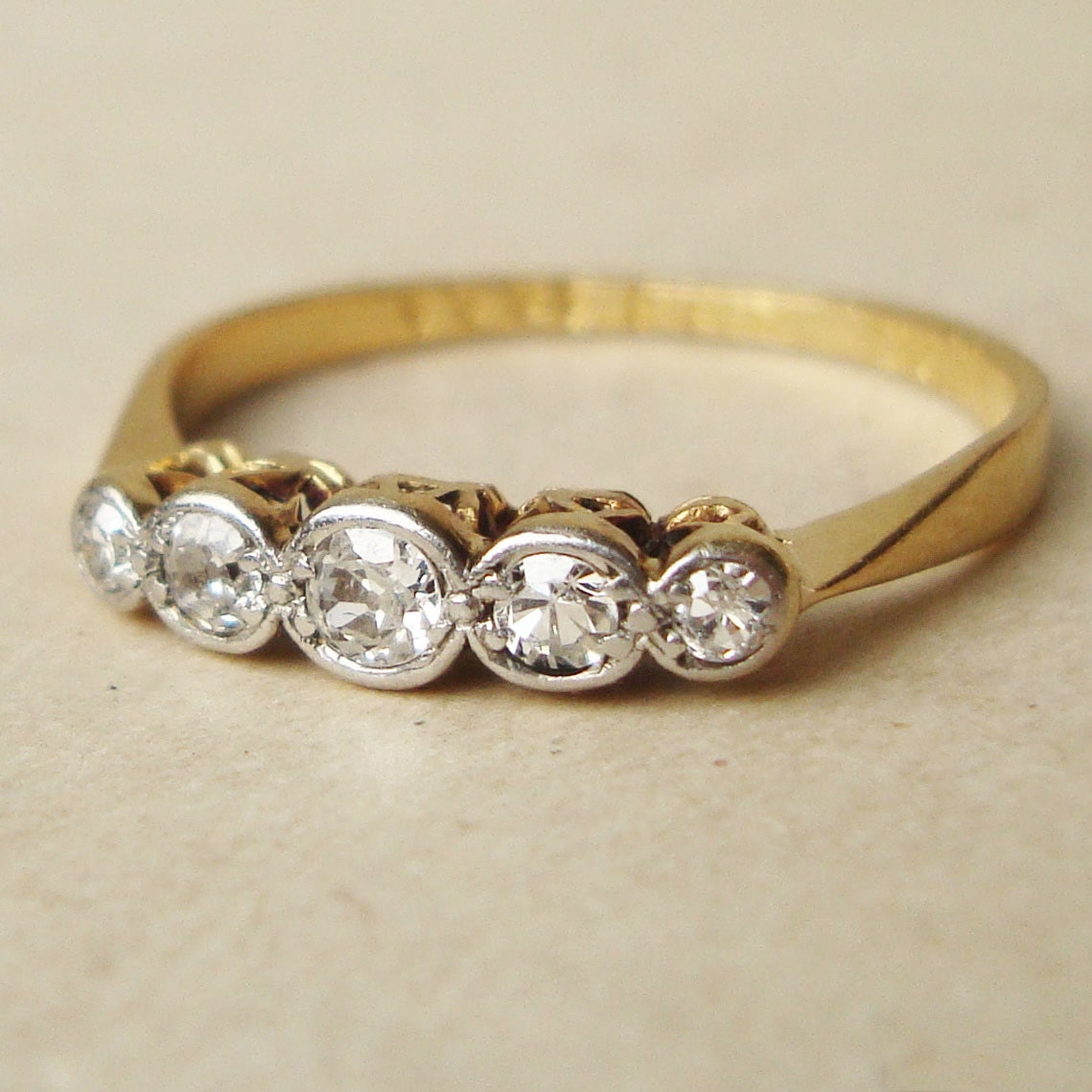 Victorian Five Diamond Eternity Ring, 18k Gold Platinum & 27 point Diamond Engagement Ring Approx. Size US 6.75 / 7
