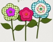 Instant Download, Applique Flower Graphics, Floral Art Images, Flower Clip Art, Gingham Checks, Felt Look Flowers.