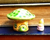 Ceramic Fairy Mushroom House With Emerald Green Cap Handmade