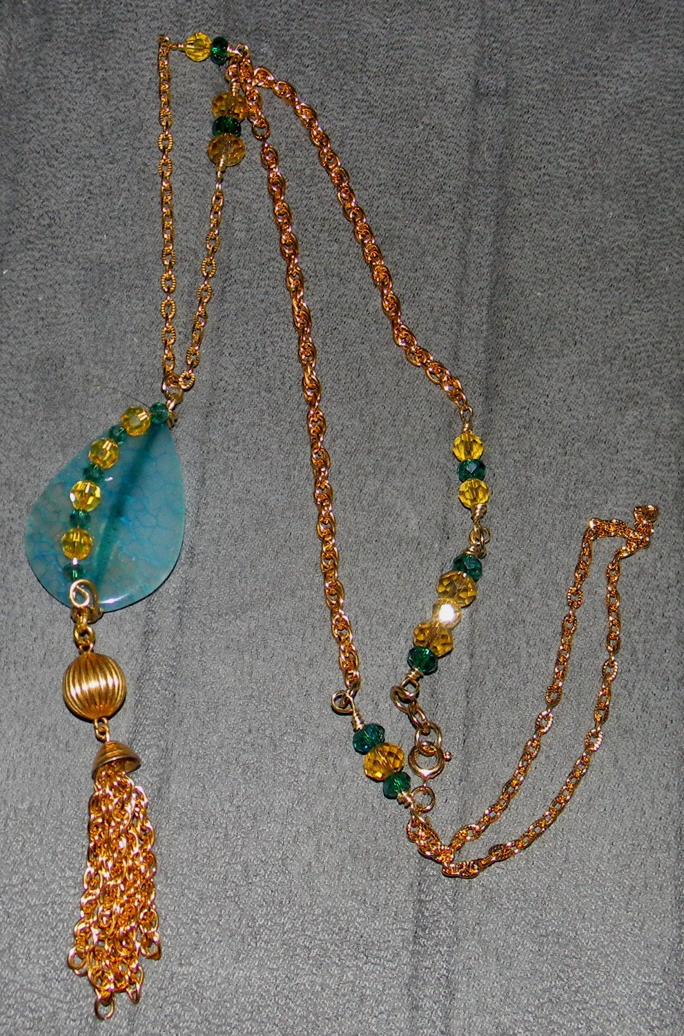 Long Chain and Crystal Beaded Necklace with Gold Tassle