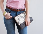 Double Wedding Ring Clutch in Charcoal, Hand Printed Canvas, Leather Details