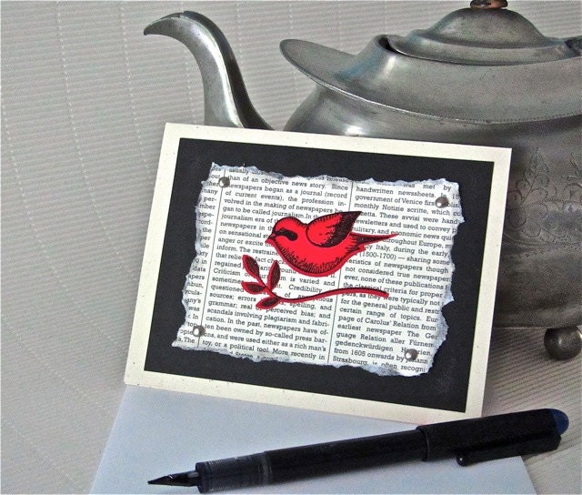 Blank note bird card stamped poppy black newsprint vintage look shabby chic cottage stationery greeting card home and living