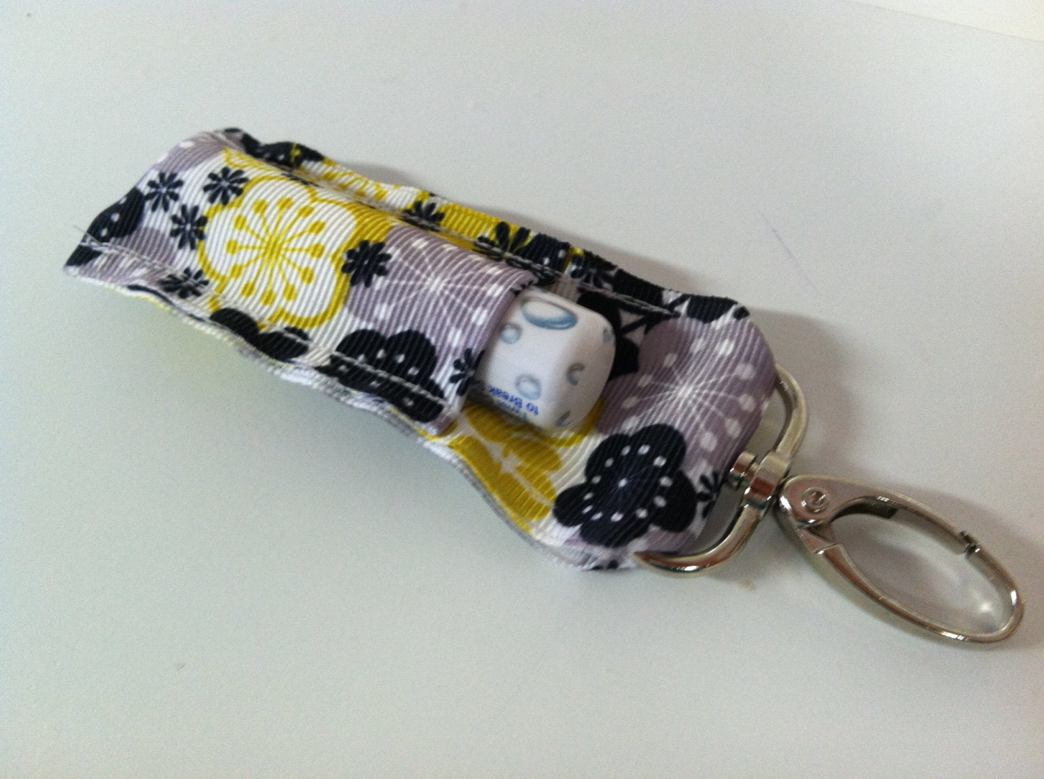 Yellow black and gray floral Key Fob Chapstick Holder