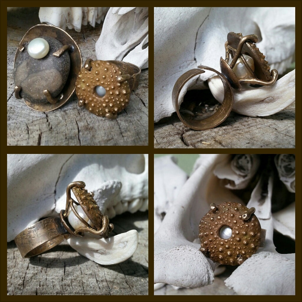 Fossil Shores - Bronze Sea Urchin Ring with Pearl