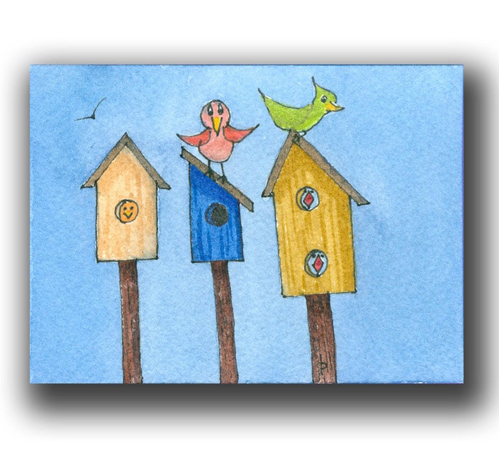 ACEO watercolor BIRDS in the suburbs