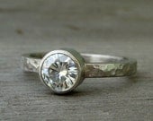 Forever Brilliant Moissanite and Recycled 950 Palladium Alternative Engagement Ring, Hammered, Matte, size 7.75