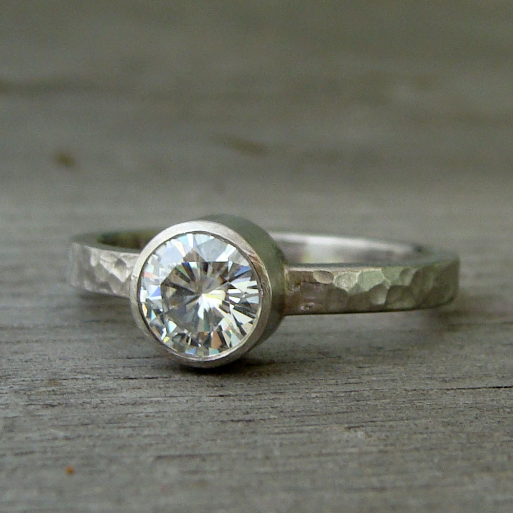 Forever Brilliant Moissanite and Recycled 950 Palladium Alternative Engagement Ring, Hammered, Matte, size 7.75