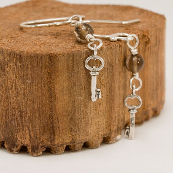 Key and Quartz Sterling Silver Dangle Earrings