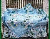 New JOHN DEERE baby Crib Bedding Set with blue Madras plaid fabric
