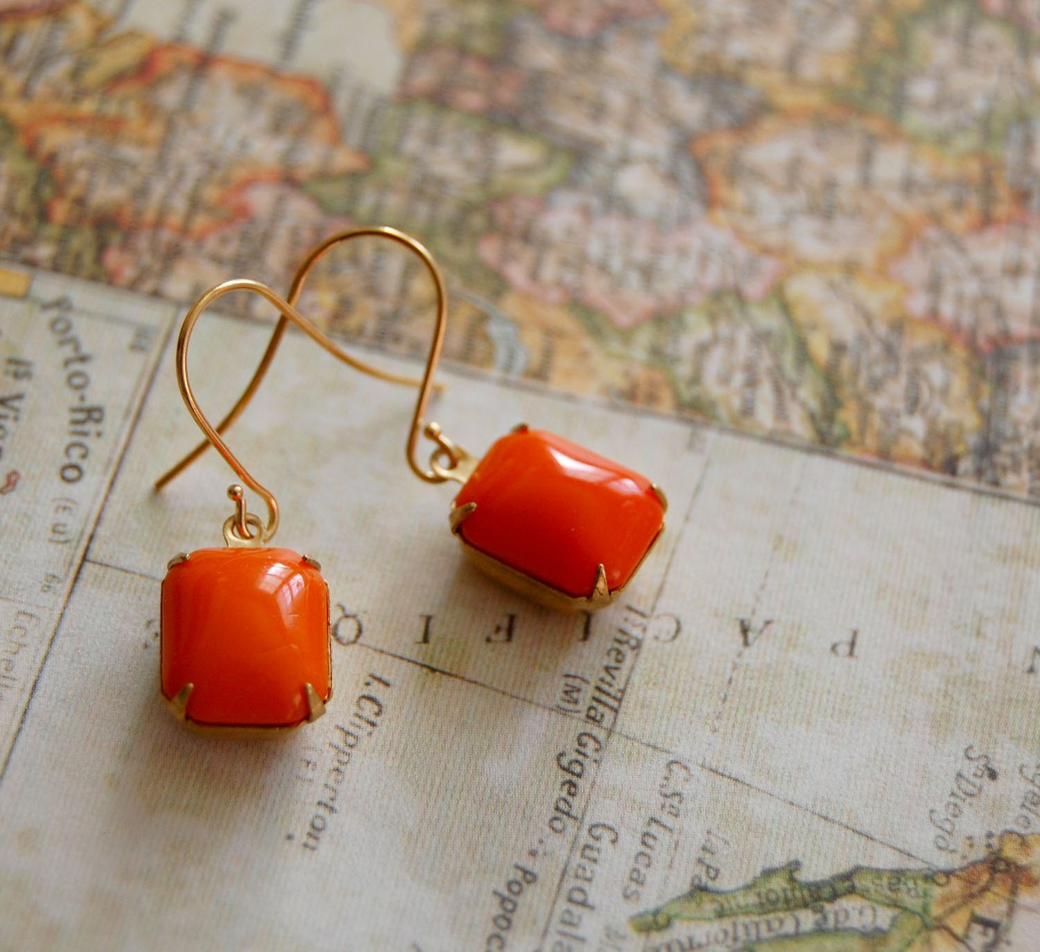 vintage glass orange dangle earrings- rectangle stones in brass settings- tangerine dream