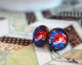 fantastic mister fox framed post earrings- vintage inspired- red fox blue background