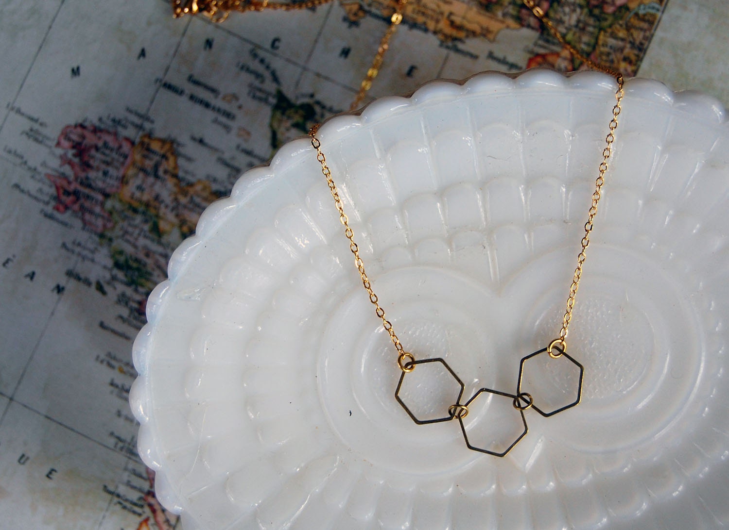 hex geo necklace- brass and gold plate- vintage modern