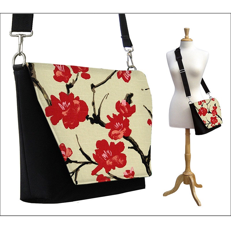 SALE Medium Messenger Bag w/ iPad Pocket, Cross Body Bag, Messenger Purse, Adjustable Strap, Floral Cherry Blossom, red pink cream (RTS)