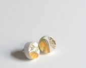 Simple Circle Broken Plate Stud Earring - Orange Green and White  - Recycled China
