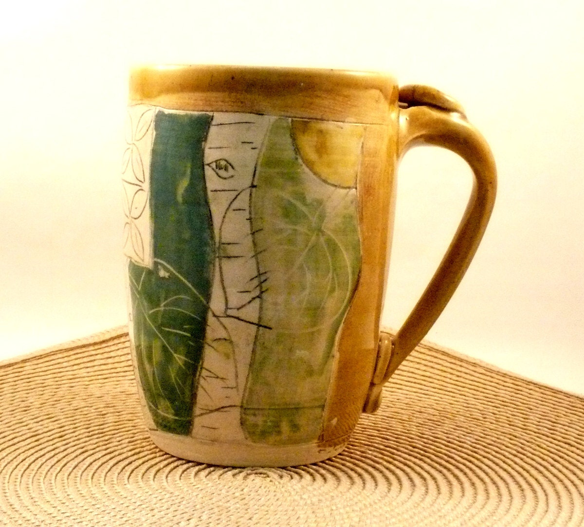 Large Ceramic Mug / Tan and green coffee cup holds 20 ounces beer stein tankard F4 IN STOCK