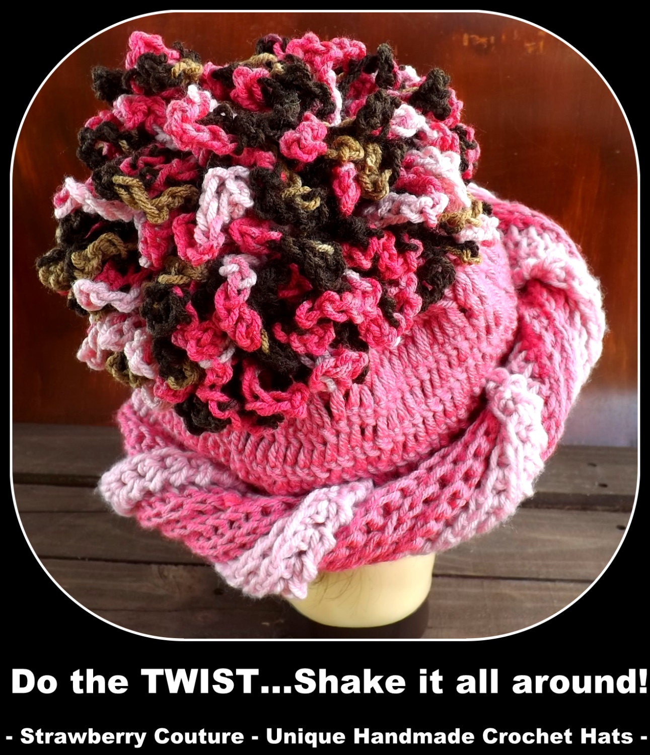 Crochet Hat Women Hat PONYTAIL Womens Pom Pom Hat in Pink Crochet Womens Hat - Burlesque Hat Costume - Custom Order