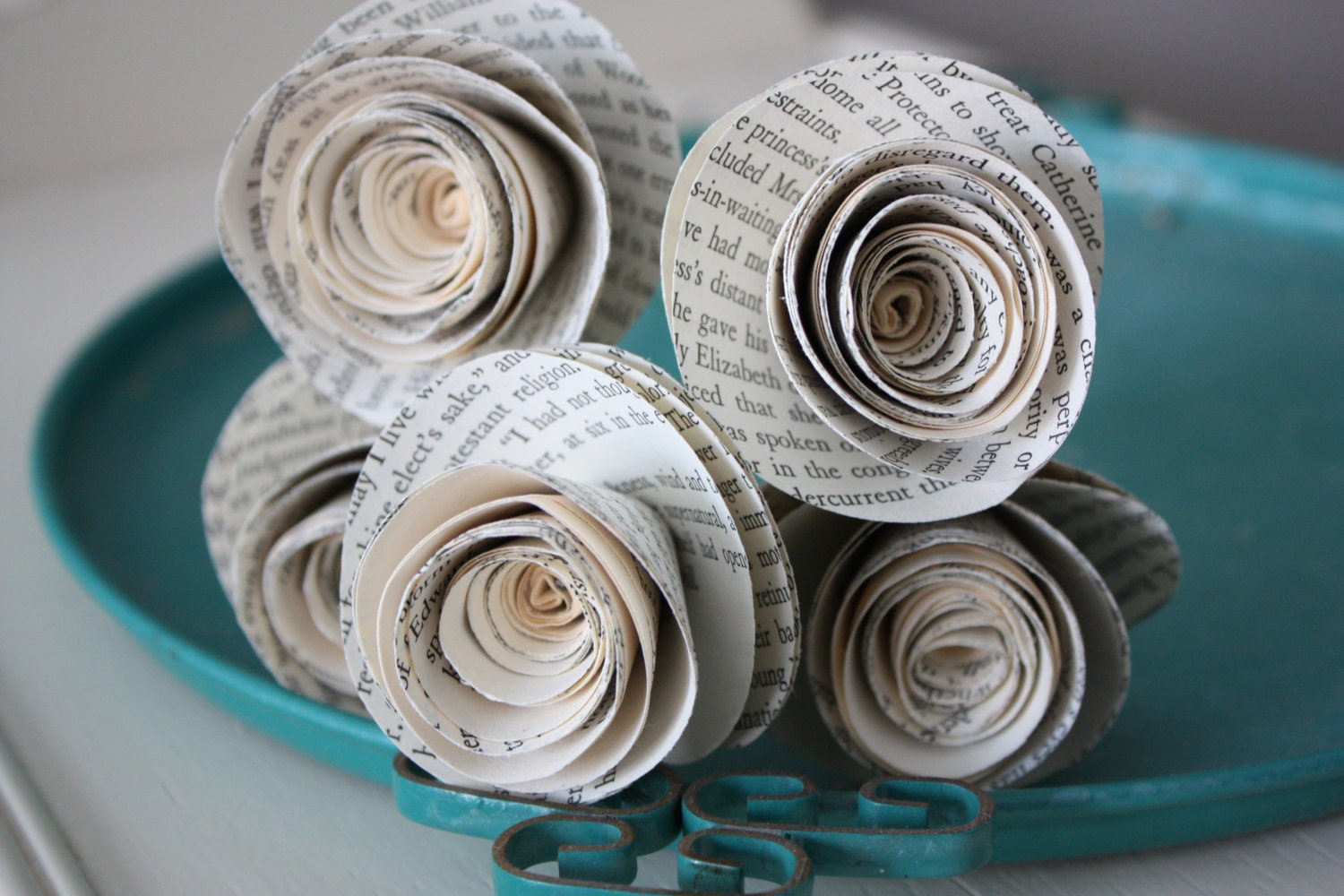 paper rose flowers. repurposed book. large. set of 5