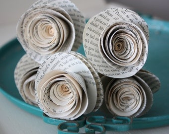 paper rose flowers. repurposed book. large. set of 5