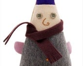 Plush wool elf named Burly, grey and purple, small felt house gnome