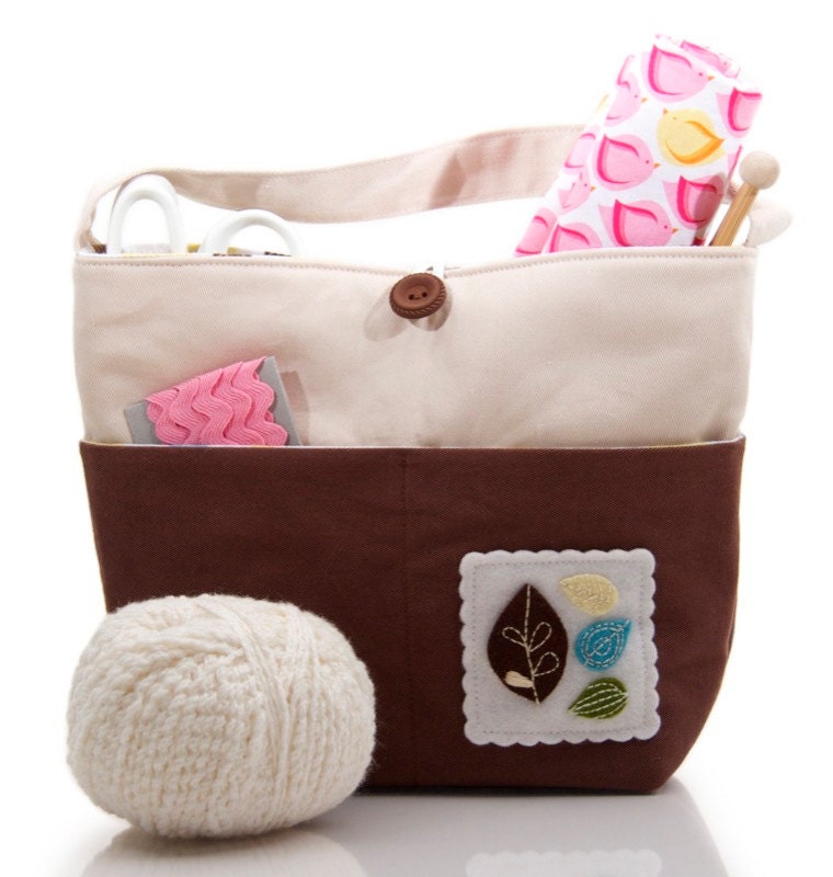 Fabric Project Tote, Knitting Bag, Four Pockets, Embroidered Felt Leaves, Tote Bag