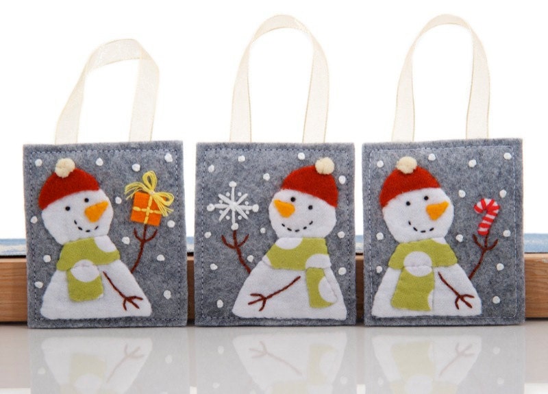Christmas Ornament Set, Trio of Hand Embroidered Snowmen, Christmas Tree Decoration, Three Ornaments, Snowflake, Present, Candy Cane