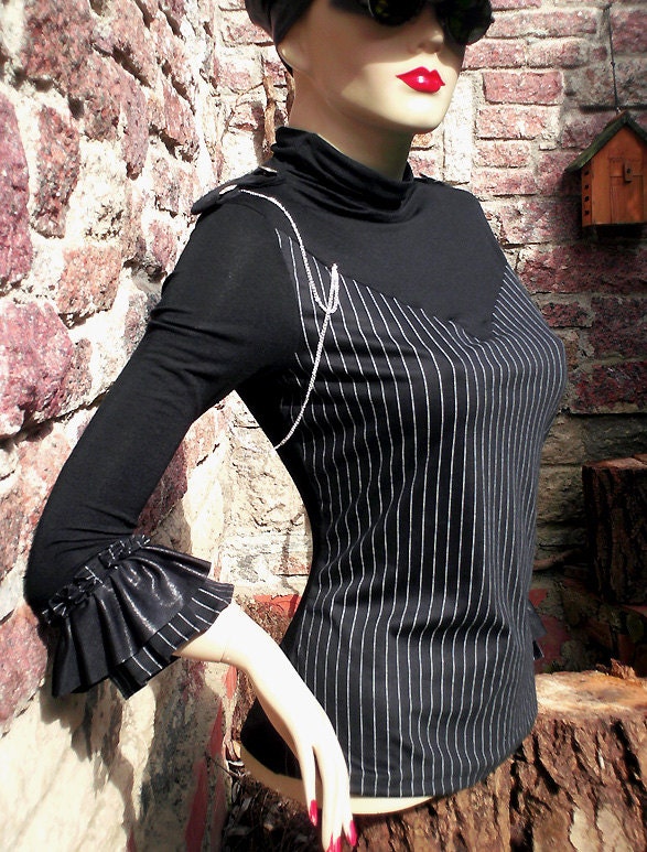 Miss STEAMPUNK shirt TOP / size S / Crazy COOL You Bad Girl handmade fashion / black pinstripe decadent emo morticia punk rock halloween