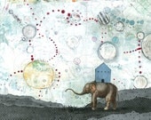 Elephant Art Print , Mixed Media Collage , Whimsical Art Reproduction , 8x10