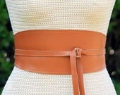 REVERSIBLE Warm Camel Brown Leather obi wrap sash corset caramel lambskin // size XS S M L // wide cinch belt // custom fabric print options