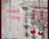 Pearl Butterfly Earrings Pink Red Cranberry Silver Czech Glass Petal BUTTERFLY BLING