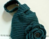 Crochet Wristlet Purse Handbag Pouch Deep Teal Loop-a-loop bag with flower READY MADE