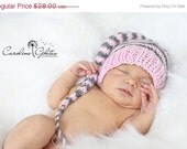 SALE Newborn Girl Hat Baby PHoTO ProP Striped Munchkin Stocking Cap Long Tail pretty pink w dark grey or Pick Colors Knit 2 Order beanie