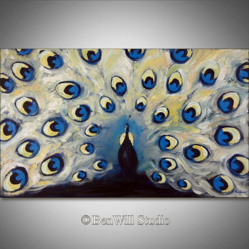 PEACOCK Painting ORIGINAL Blue Ivory White Peacock Art - LARGE Oil Painting on Canvas 40x24 by BenWill
