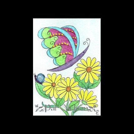 Original Watercolor Painting - Fantasy Butterfly and Daisies - ACEO - ATC - SFA - Scrapbooking - Carlson 166