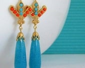 Art Deco Coral Turquoise Jade Rhinestone Earrings