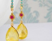 Swarovski Fuchsia Pink Turquoise  Jonquil Yellow Rhinestone Earrings